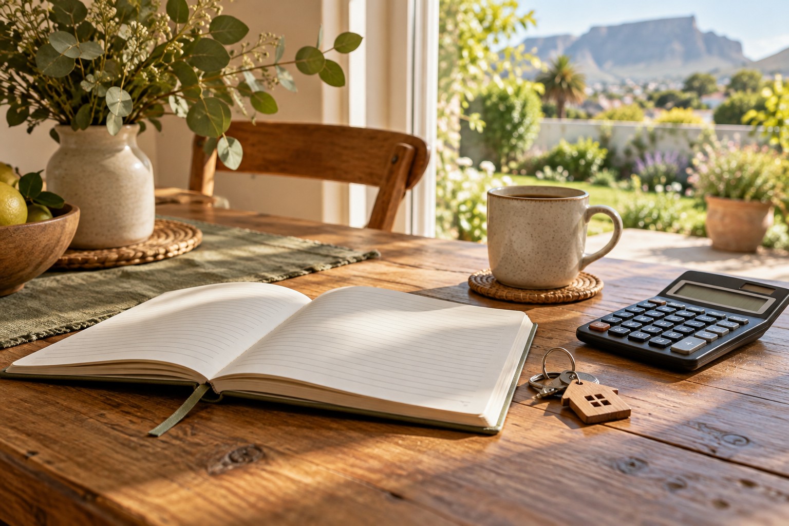 Illustrative home-buying planning scene with a notebook, calculator, coffee and keys