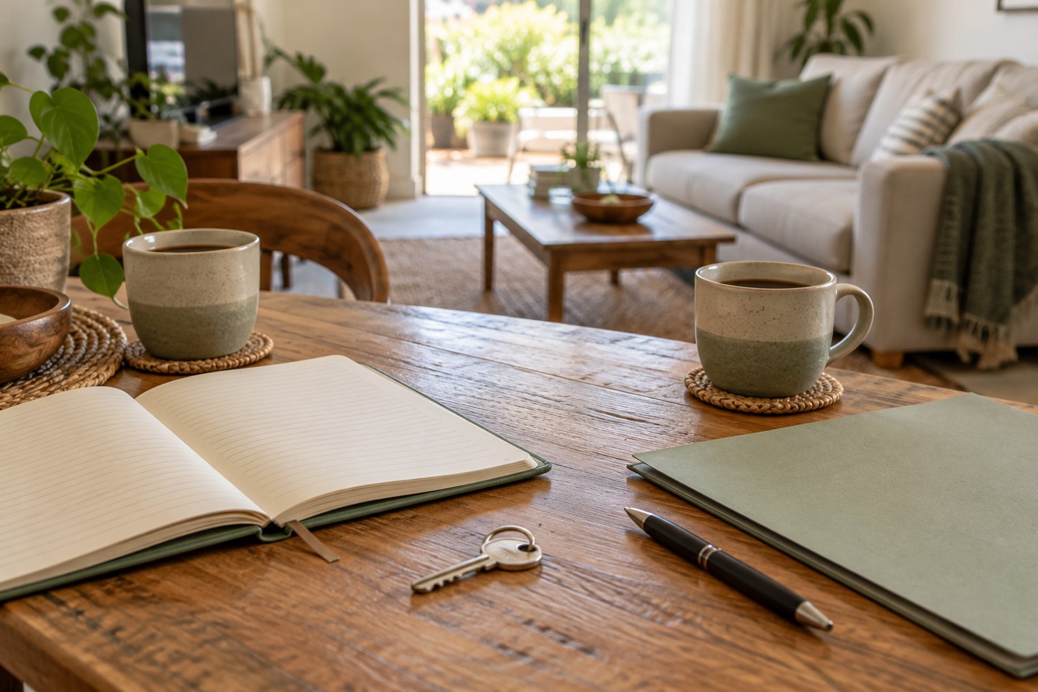 Illustrative home keys, notebook and two cups of coffee on a table