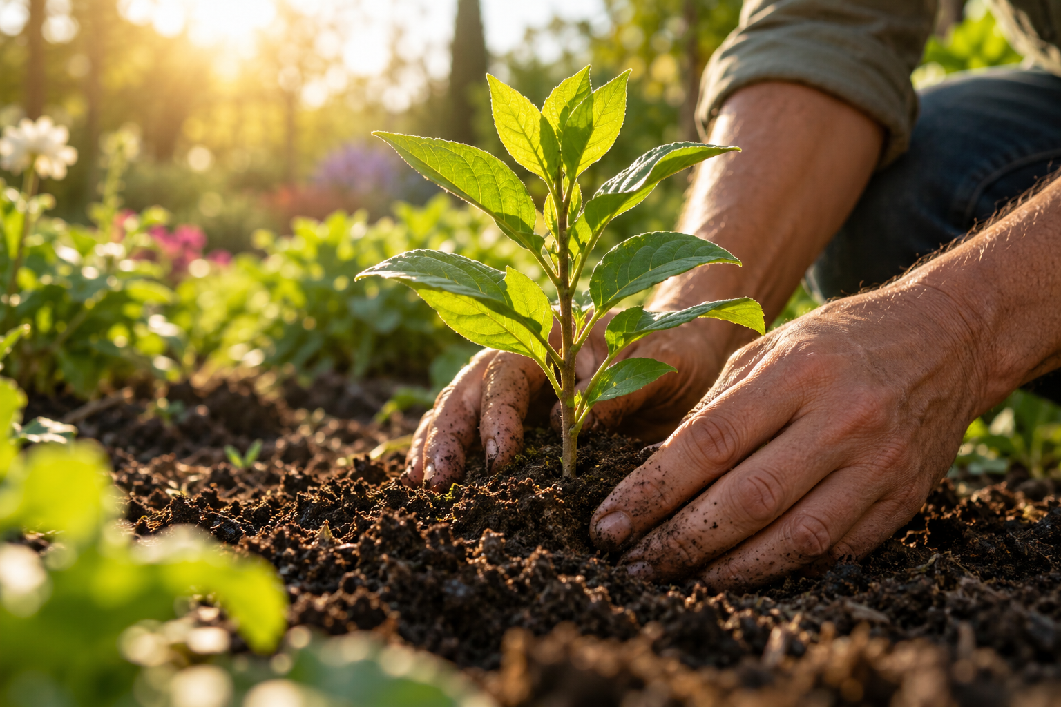 AI-created editorial image of hands tending a sapling, symbolising the care and consistent effort behind a selling plan.